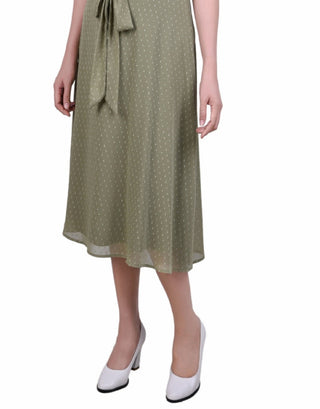 NY Collection Women's Short Sleeve Belted Swiss Dot Dress Green Size Petite Large