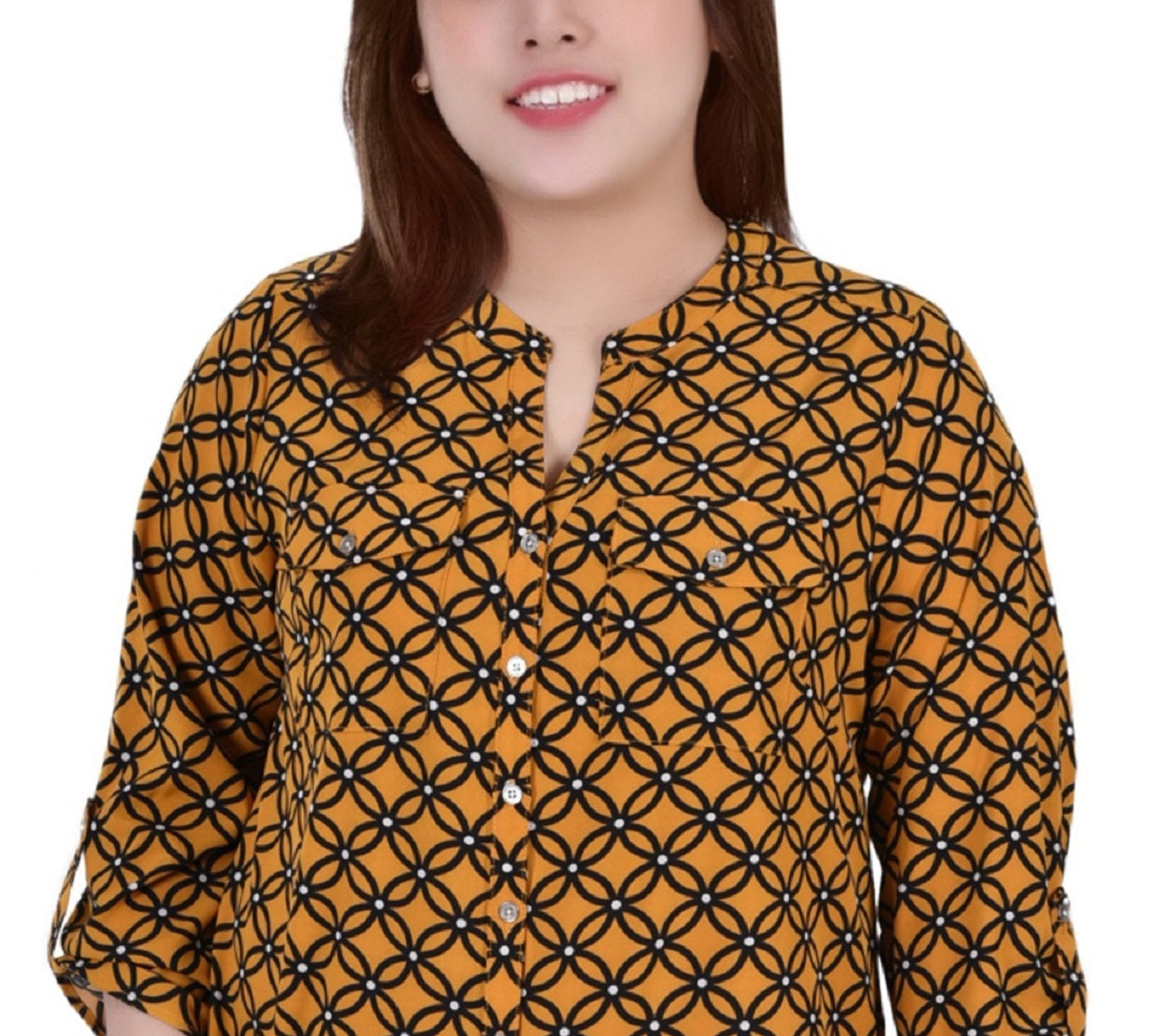 NY Collection Women's 3/4 Sleeve Roll Tab Y Neck Blouse Yellow Size 2X