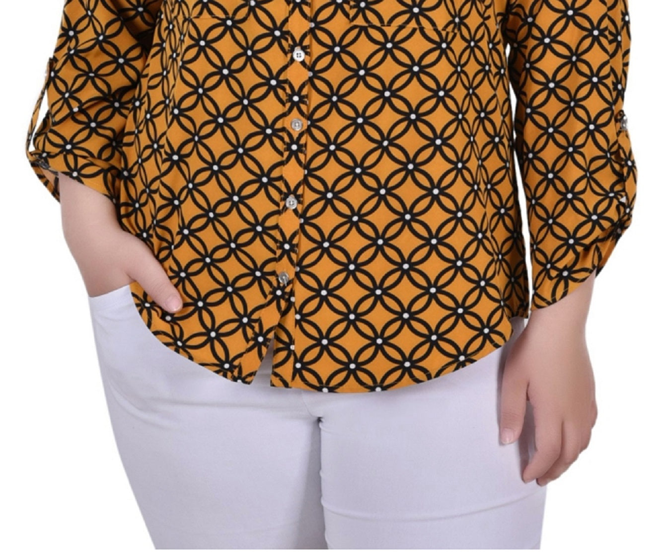 NY Collection Women's 3/4 Sleeve Roll Tab Y Neck Blouse Yellow Size 2X