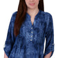 NY Collection Women's 3/4 Roll Tab Sleeve Y Neck Top Blue Size Medium