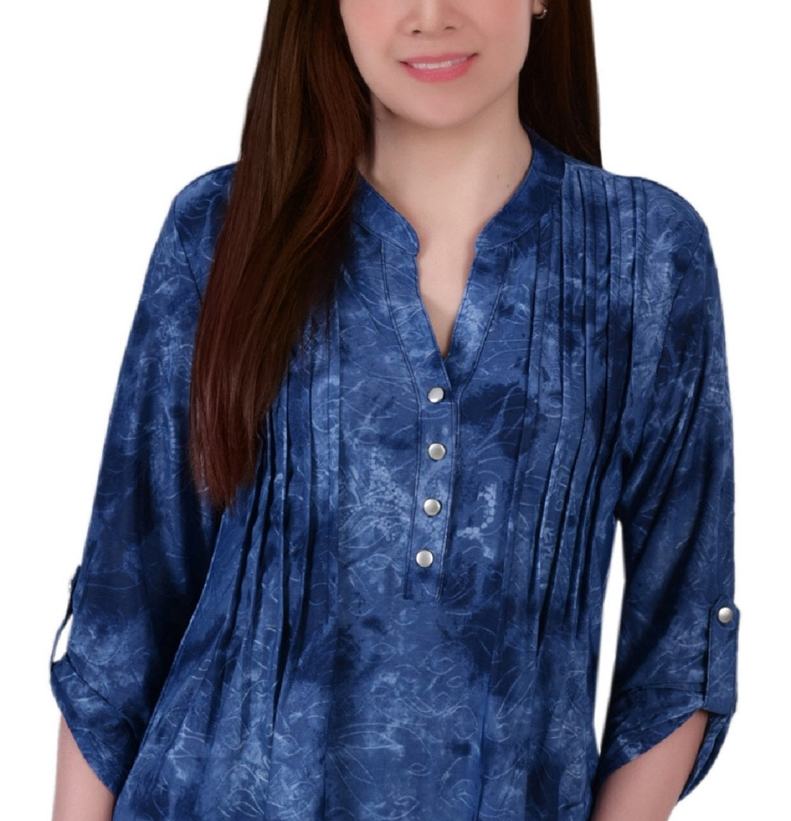 NY Collection Women's 3/4 Roll Tab Sleeve Y Neck Top Blue Size Medium