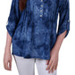 NY Collection Women's 3/4 Roll Tab Sleeve Y Neck Top Blue Size Medium