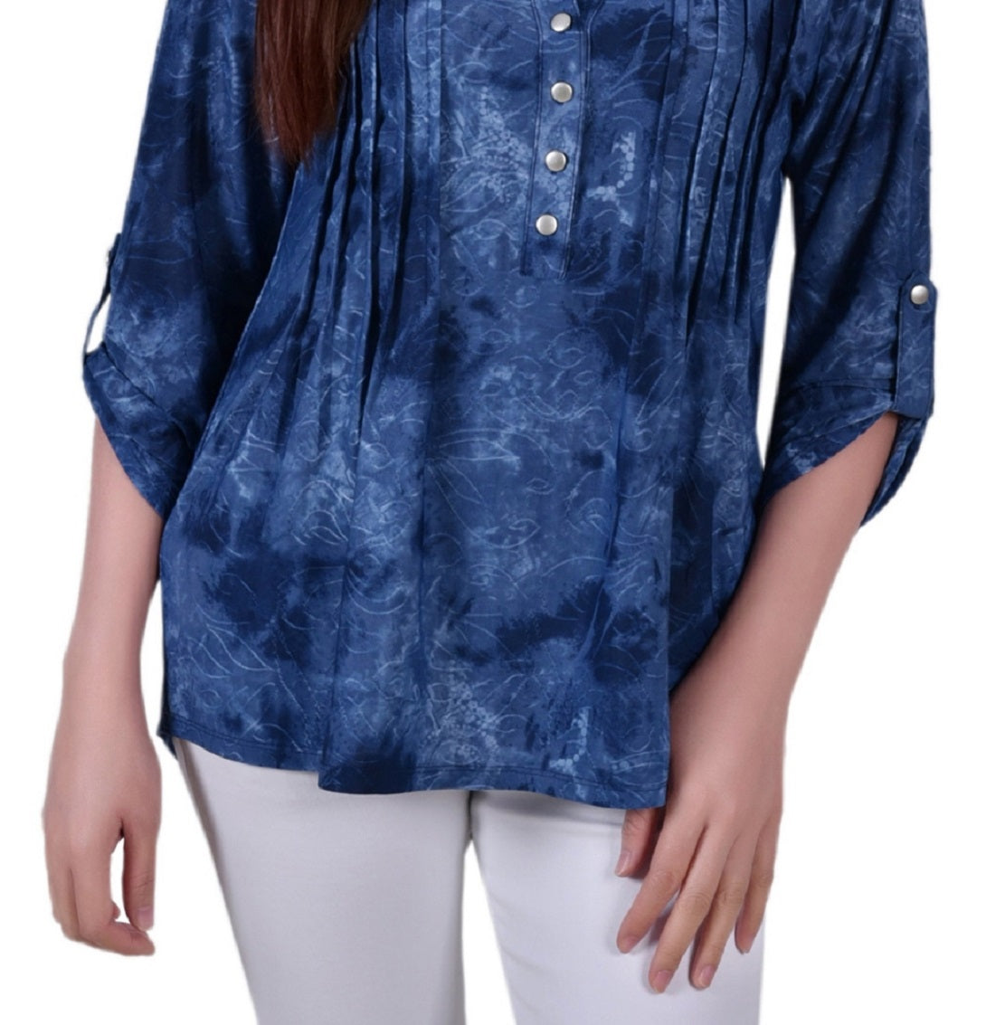 NY Collection Women's 3/4 Roll Tab Sleeve Y Neck Top Blue Size Medium