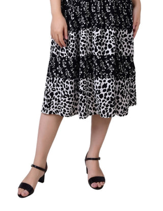 NY Collection Women's Short Sleeve Smocked Combo Print Dress Black Size Petite Medium