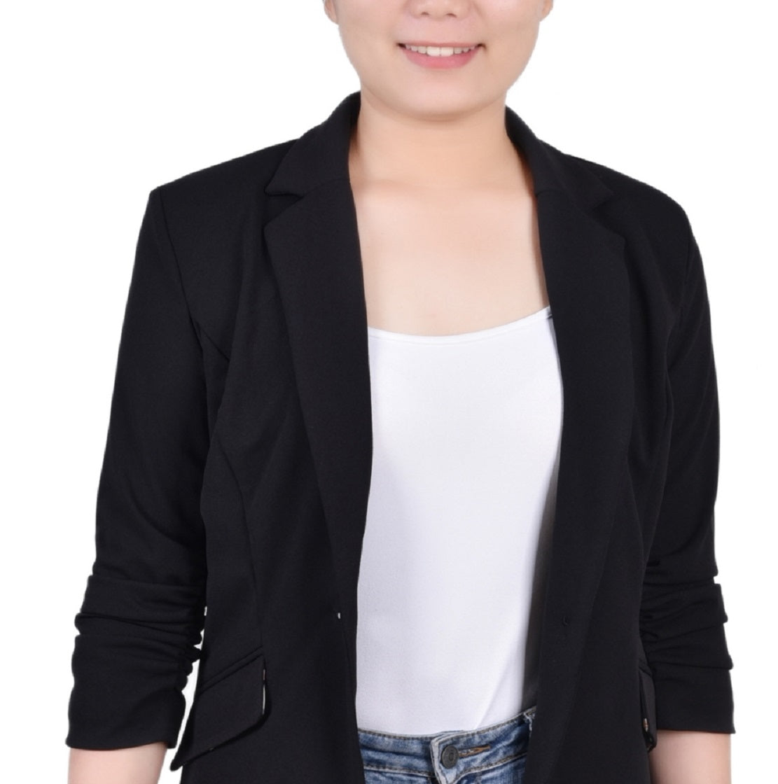 NY Collection Women's 3/4 Rouched Sleeve Crepe Jacket Black Size Large