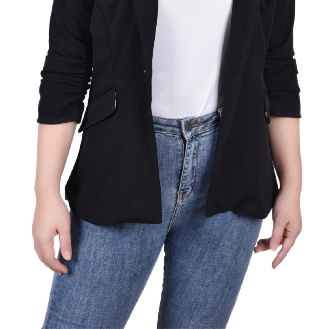 NY Collection Women's 3/4 Rouched Sleeve Crepe Jacket Black Size Large