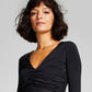And Now This Women's Ruched Long Sleeve V Neck Knit Top Black Size X-Small