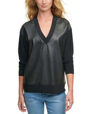 DKNY Women's Faux Leather Front V Neck Sweatshirt Black Size X-Large