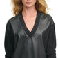DKNY Women's Faux Leather Front V Neck Sweatshirt Black Size X-Large