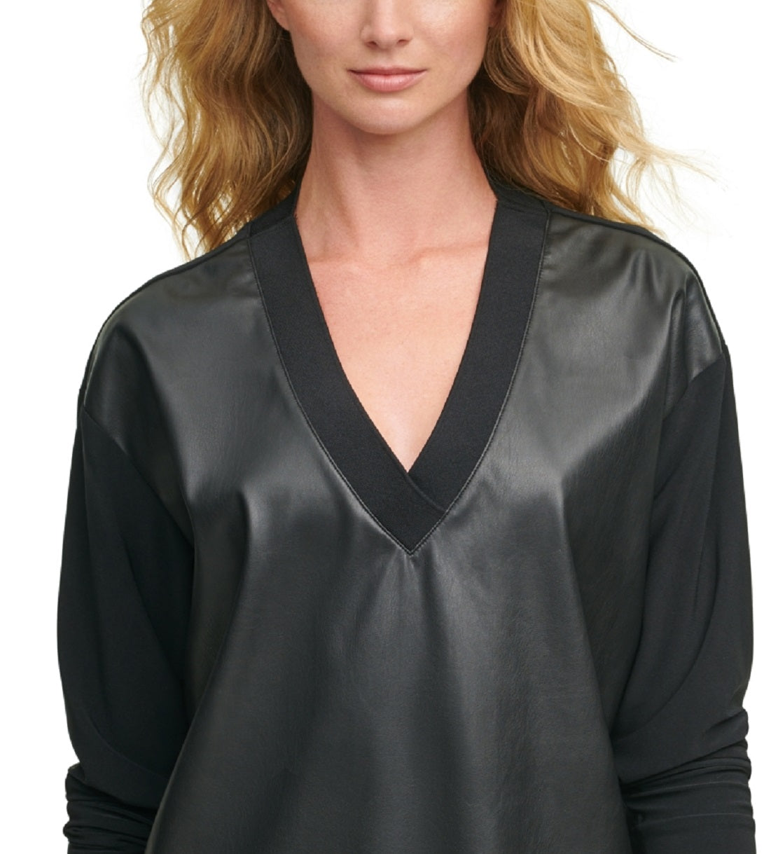 DKNY Women's Faux Leather Front V Neck Sweatshirt Black Size X-Large