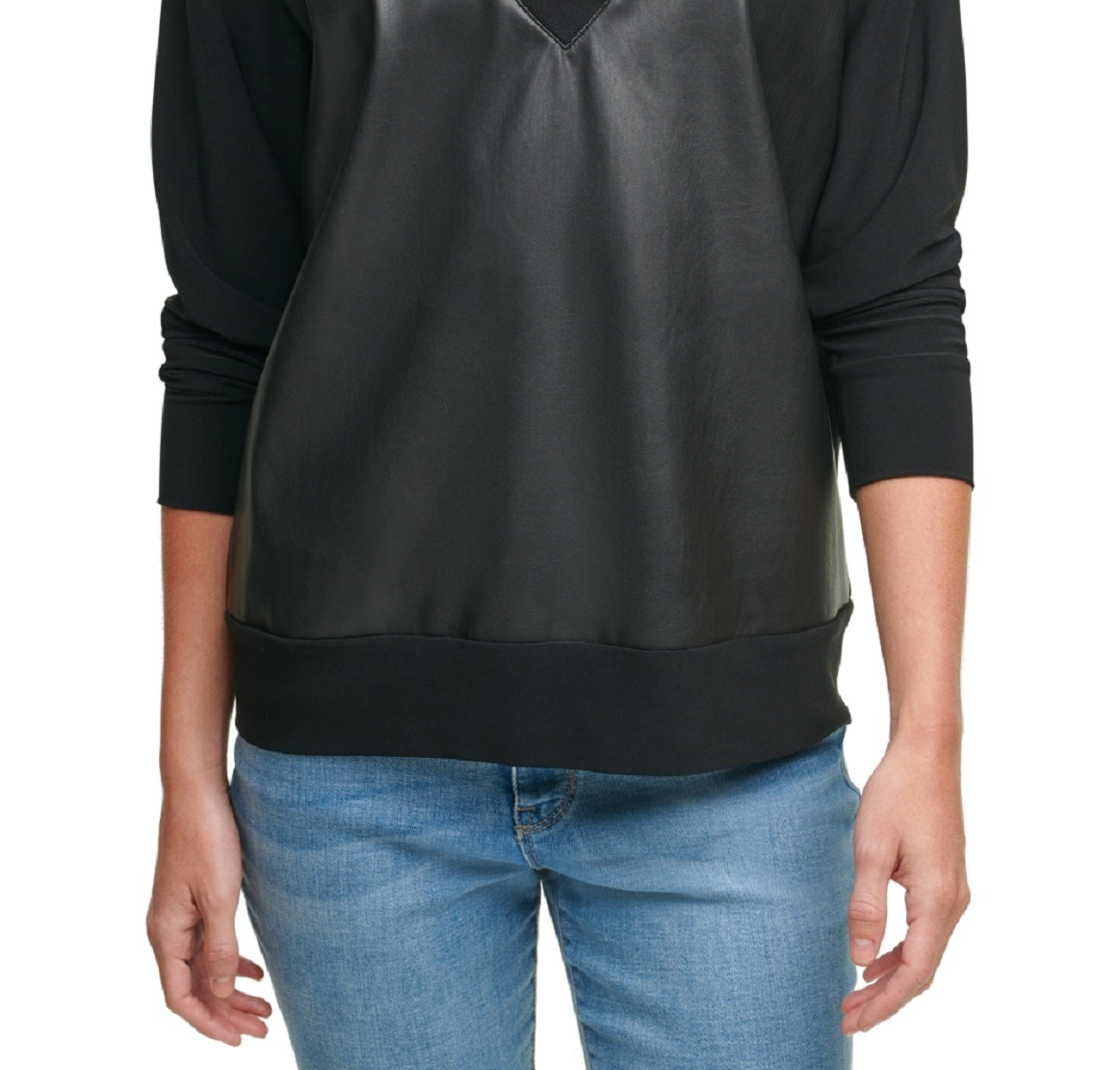 DKNY Women's Faux Leather Front V Neck Sweatshirt Black Size X-Large