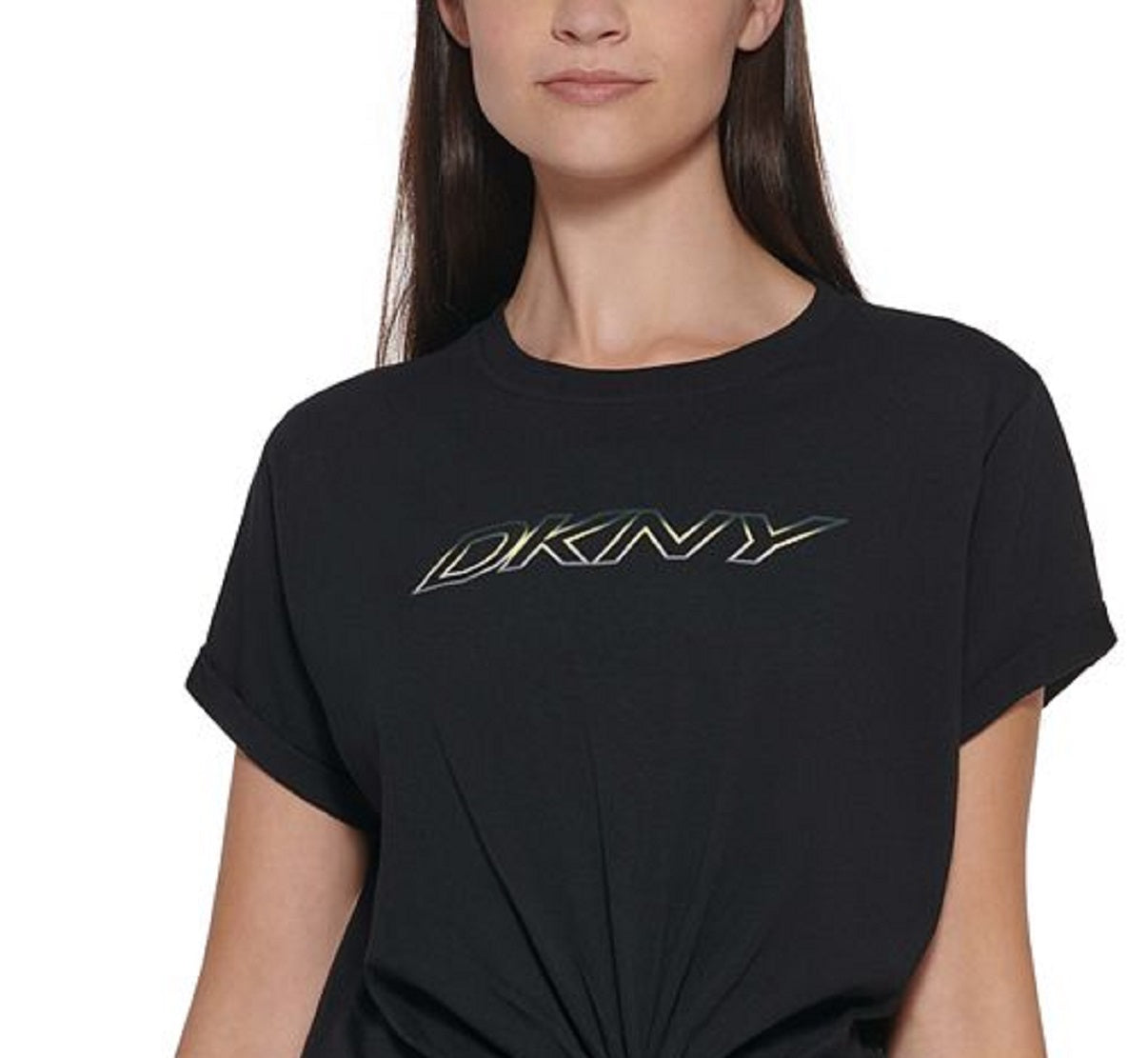 DKNY Women's Logo Knotted Cotton T-Shirt Black Size Large