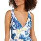 DKNY Women's Printed Stretch Removable Cups Deep V Neck Moderate Coverage One Piece Swimsuit Blue Size 8