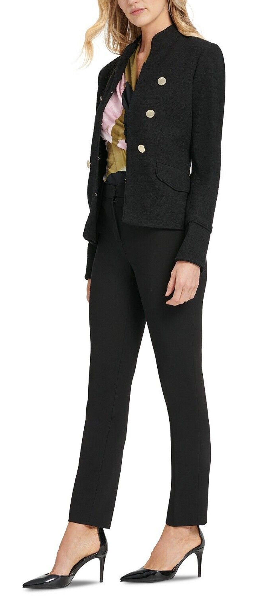 DKNY Women's Stand Collar Double Breasted Military Jacket Black Size 2 Petite