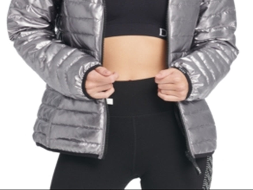 DKNY Women's Sport Reversible Packable Hooded Jacket Gray Size X-Large