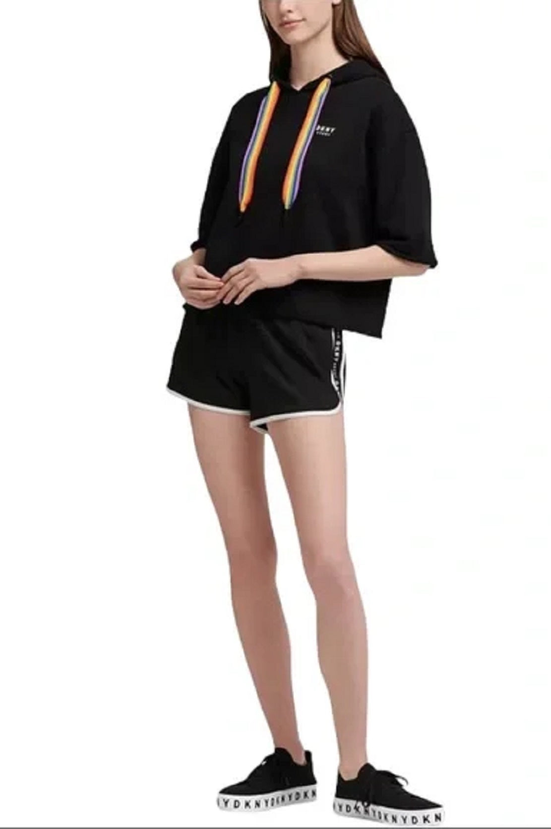 DKNY Women's Rainbow String Cropped Hoodie Black Size Medium