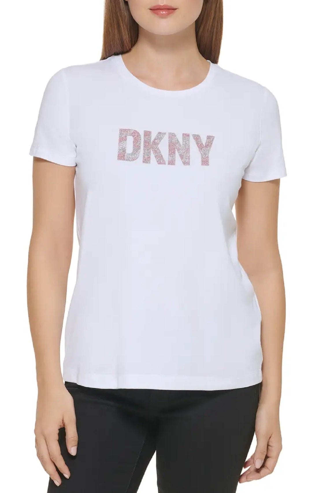 DKNY Women's Glitter Graphic Logo Tee White Size Small