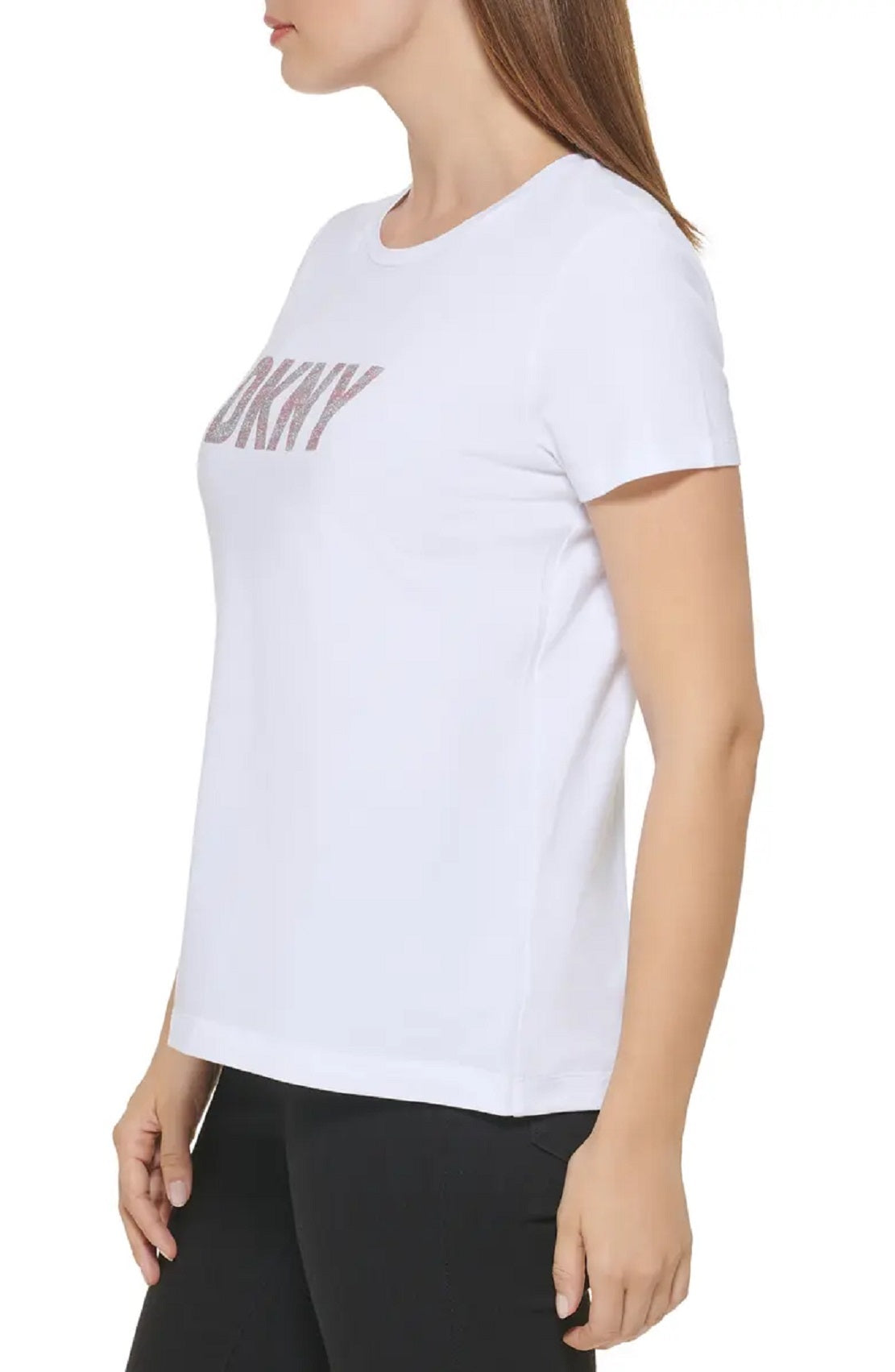 DKNY Women's Glitter Graphic Logo Tee White Size Small