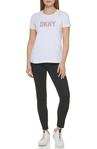 DKNY Women's Glitter Graphic Logo Tee White Size Small