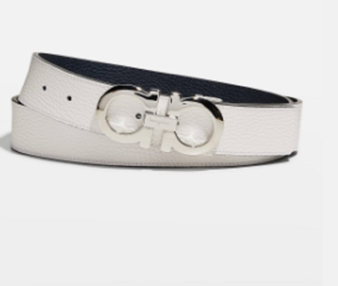 Salvatore Ferragamo Men's Double Gancini Buckle Leather Belt White Size 42