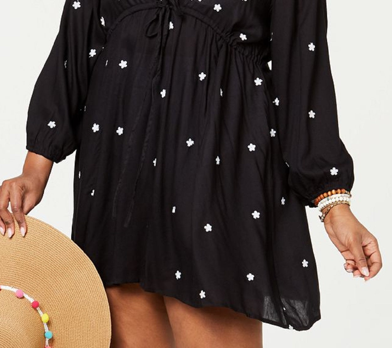 Raviya Women's Embroidered 3/4 Sleeve Dress Cover Up Swimsuit Black