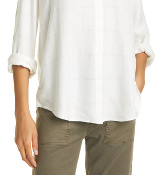 Rails Women's Eloise Metallic Windowpane Plaid Long Sleeve Peasant Blouse White Size X-Small