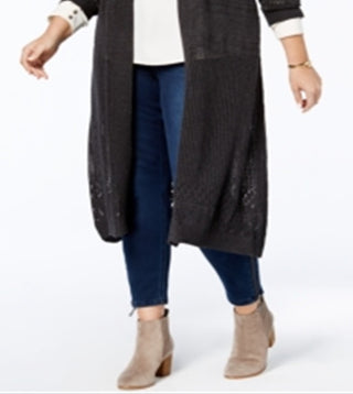 Belldini Women's Plus Pointelle Stitch Duster Cardigan Gray Size 1X