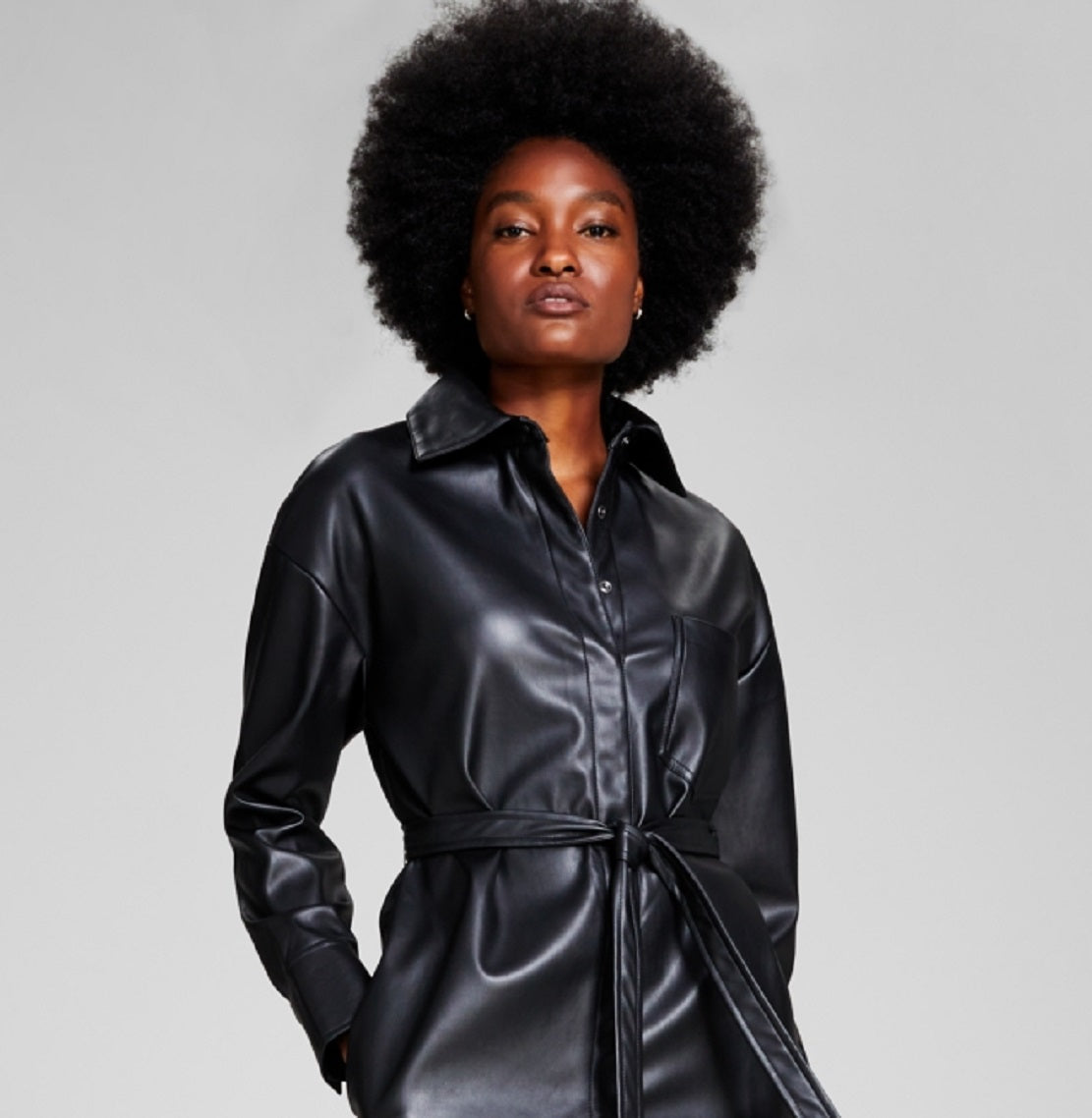 And Now This Women's Belted Faux Leather Shirtdress Black Size Small