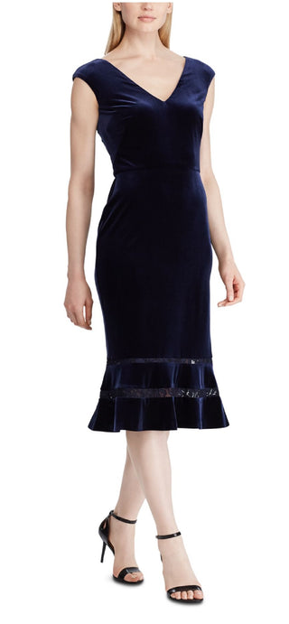 Ralph Lauren Women's Cap Sleeve V Neck MIDI Sheath Evening Dress Blue Size 0