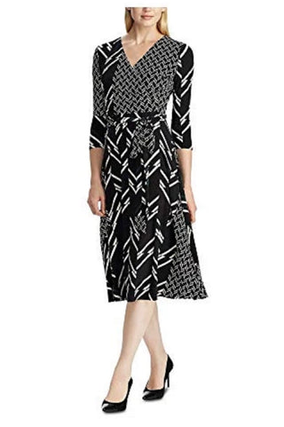 Ralph Lauren Women's Printed Matte Jersey Carlyna 3/4 Sleeve Day Dress Black Size 8