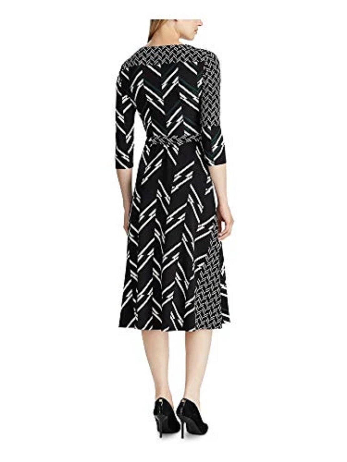 Ralph Lauren Women's Printed Matte Jersey Carlyna 3/4 Sleeve Day Dress Black Size 8