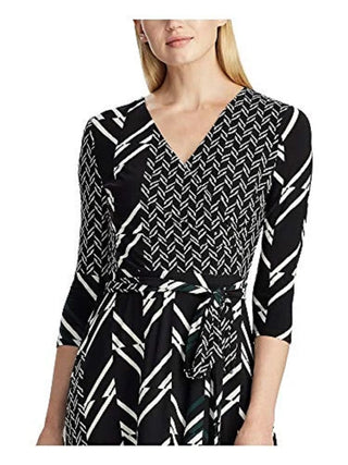 Ralph Lauren Women's Printed Matte Jersey Carlyna 3/4 Sleeve Day Dress Black Size 8