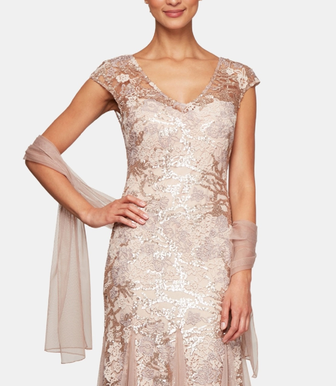 Alex Evenings Women's Embellished Lace Embroidered Illusion Gown & Shawl Brown Size 8