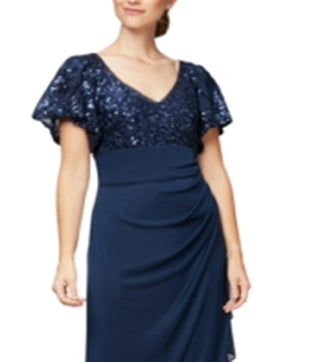 Alex Evenings Women's Short Sleeve V Neck Full Length Evening Empire Waist Dress Blue Size 6 Petite