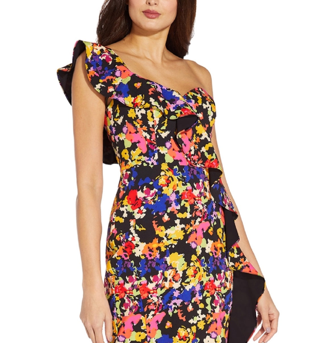 Aidan By Aidan Mattox Women's Floral Print Ruffled One Shoulder Dress Black Size 6