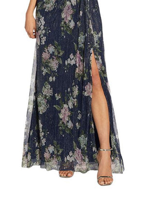 Adrianna Papell Women's Printed Pleated Gown Blue Size 4