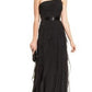 Adrianna Papell Women's One Shoulder Tiered Chiff Asymetrical Neckline Full Length Evening Dress Black Size 6
