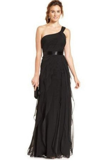 Adrianna Papell Women's One Shoulder Tiered Chiff Asymetrical Neckline Full Length Evening Dress Black Size 6