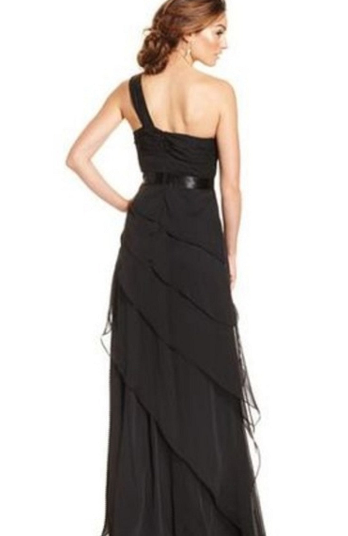 Adrianna Papell Women's One Shoulder Tiered Chiff Asymetrical Neckline Full Length Evening Dress Black Size 6