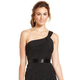 Adrianna Papell Women's One Shoulder Tiered Chiff Asymetrical Neckline Full Length Evening Dress Black Size 6