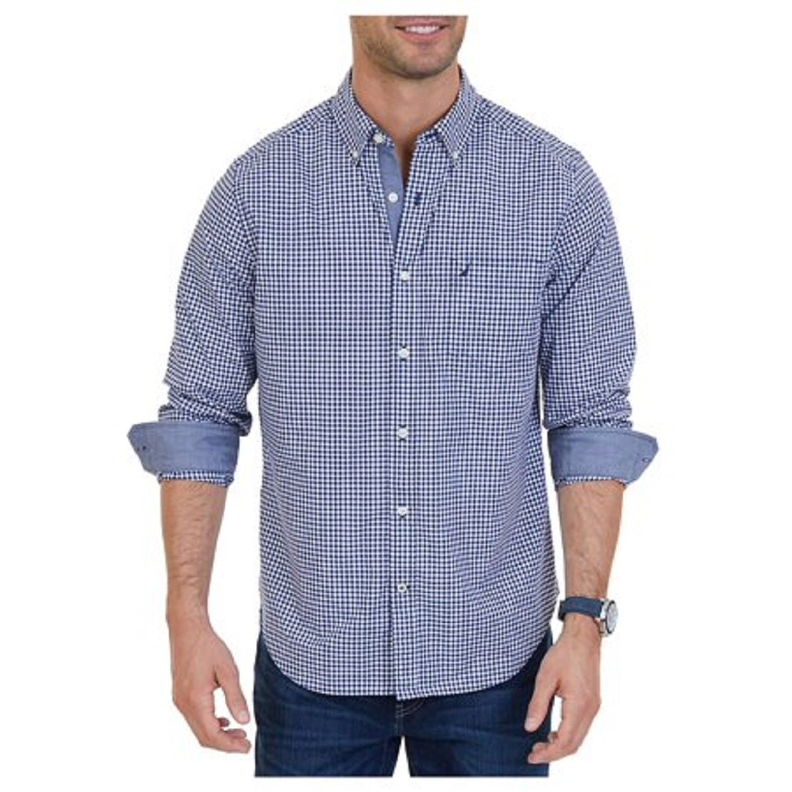 Nautica Men's Classic Fit Long Sleeve Gingham Check Poplin Shirt Blue Size X-Large