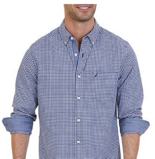 Nautica Men's Classic Fit Long Sleeve Gingham Check Poplin Shirt Blue Size X-Large
