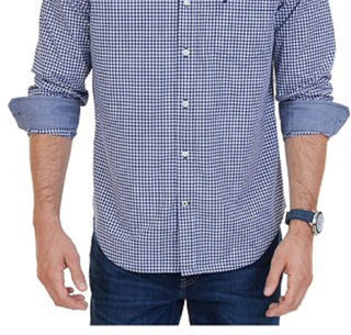Nautica Men's Classic Fit Long Sleeve Gingham Check Poplin Shirt Blue Size X-Large