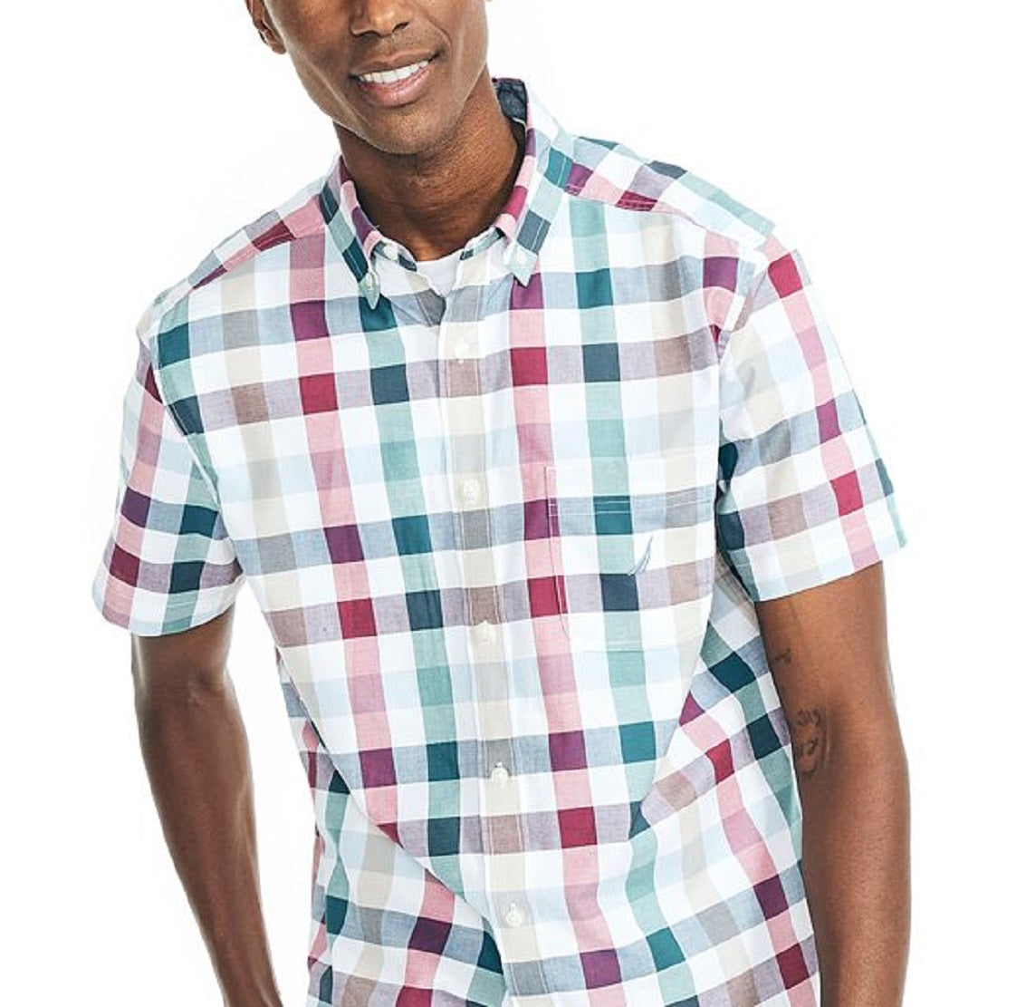 Nautica Men's Classic Fit Short Sleeve Stretch Plaid Oxford Shirt White Size Medium