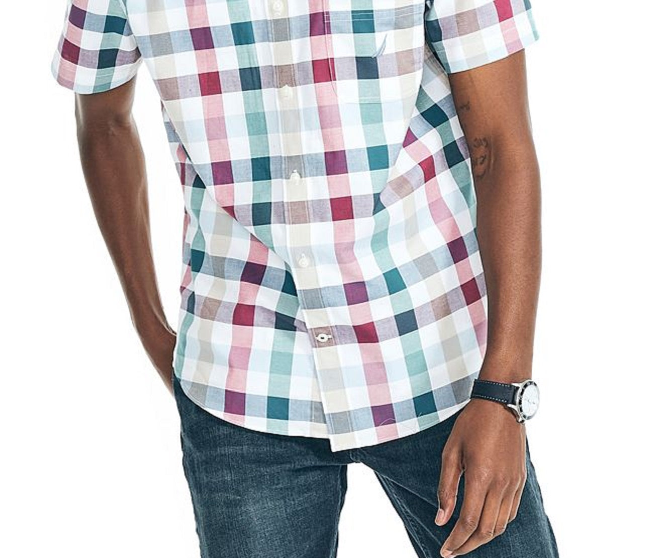 Nautica Men's Classic Fit Short Sleeve Stretch Plaid Oxford Shirt White Size Medium