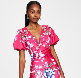 GUESS Women's Plunge Neck Puff Sleeve Dress Pink Size 2