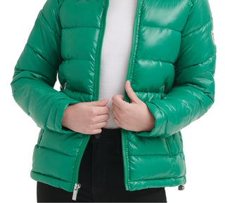 GUESS Women's High Shine Hooded Puffer Coat Green Size Medium