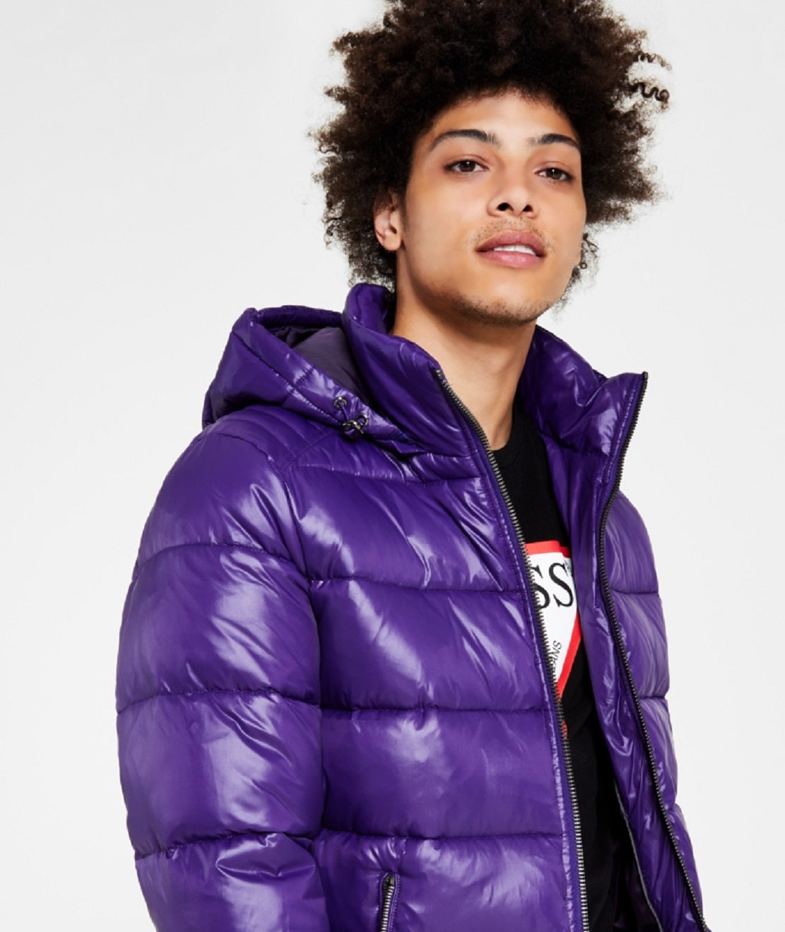 GUESS Men's Hooded Puffer Coat Purple Size X-Large