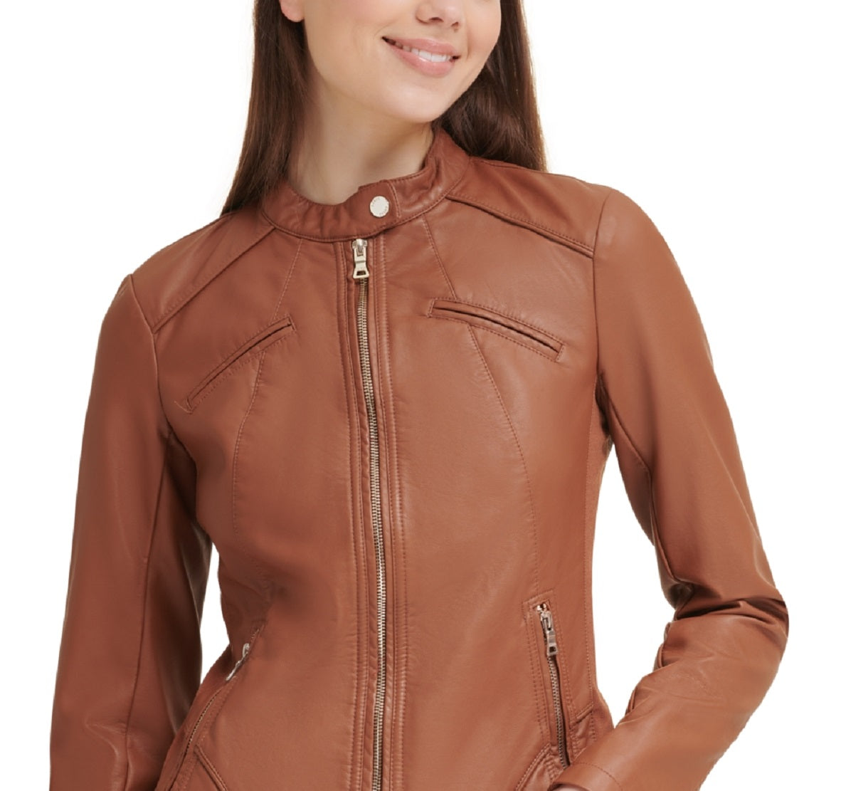 GUESS Women's Faux Leather Moto Jacket Brown Size Medium