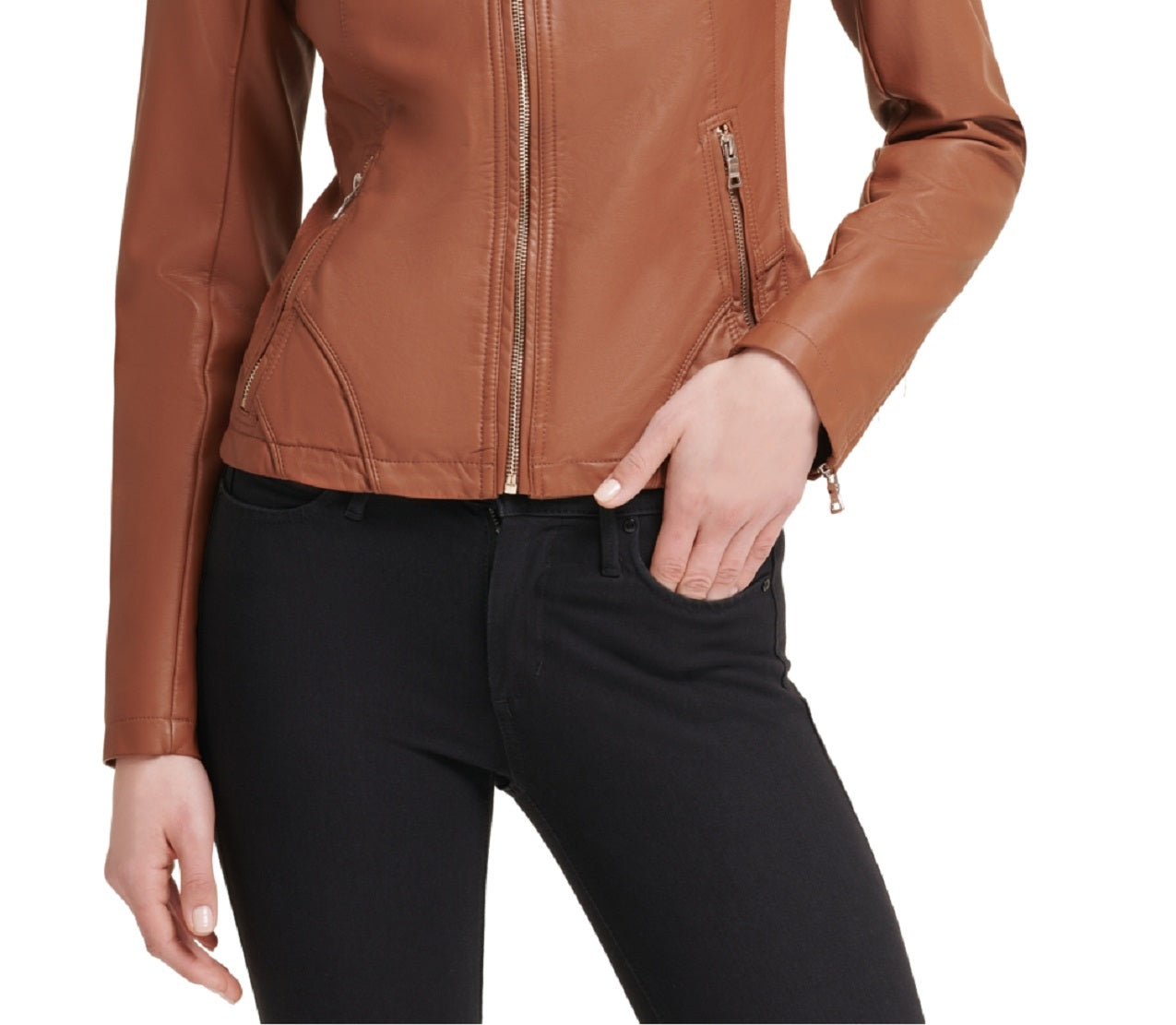 GUESS Women's Faux Leather Moto Jacket Brown Size Medium